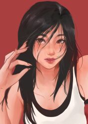 1girl absurdres black_hair black_sports_bra blush char_(shanqi_art) final_fantasy final_fantasy_vii final_fantasy_vii_remake hand_up highres long_hair parted_lips photo-referenced pink_lips red_background red_eyes simple_background solo sports_bra straight_hair tank_top tifa_lockhart upper_body white_tank_top