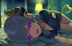 Rule 34 | 1girl, nanashi inc., absurdres, blurry, blurry background, breasts, demon tail, futayamam2, grey hair, highres, honey strap, horns, indoors, lamp, light blush, looking at viewer, lying, medium breasts, mole, mole under mouth, on side, open mouth, purple eyes, saionji mary, shorts, smile, solo, tail, virtual youtuber