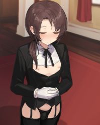 Rule 34 | 1boy, black jacket, black panties, black ribbon, black thighhighs, blurry, blurry background, blush, breastless clothes, brown hair, bulge, butler, buttons, closed mouth, coattails, commentary request, cowboy shot, crossdressing, curtains, embarrassed, formal, from above, garter belt, garter straps, gloves, half-closed eyes, indoors, jacket, light blush, long hair, long sleeves, looking away, looking down, low ponytail, low tied hair, male focus, neck ribbon, nipples, no pants, open clothes, original, own hands together, panties, ponytail, ribbon, shirt, solo, standing, suit, sunaba (nczd5875), thighhighs, trap, underwear, white gloves, white shirt, window, yellow eyes