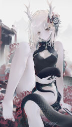 1girl, alternate costume, architecture, bad feet, bangs, bare shoulders, barefoot, black dress, breasts, china dress, chinese clothes, cleavage, closed mouth, dragon horns, dragon tail, dress, east asian architecture, eyebrows behind hair, flower, foot out of frame, grey flower, hair flower, hair ornament, highres, horns, kicchou yachie, knee up, light blush, light smile, looking at viewer, medium breasts, nroy-, otter spirit (touhou), outdoors, platinum blonde hair, red flower, short hair, sitting, solo, spider lily, tail, touhou, turtle shell