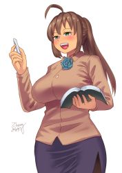Rule 34 | 1girl, blush, book, breasts, brown hair, chalk, dated, formal, green eyes, kamiya midori, large breasts, lipstick, long hair, makeup, aged up, open mouth, original, pantyhose, pencil skirt, ponytail, skirt, smile, solo, suit, teacher, zheng