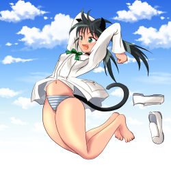 Rule 34 | 1girl, absurdres, animal ears, bad anatomy, barefoot, black hair, cat ears, cat tail, choker, fang, francesca lucchini, green eyes, highres, jumping, long hair, navel, no pants, panties, ruirui weiwei, shirt, shoes, solo, strike witches, striped clothes, striped panties, tail, twintails, underwear, unworn shoes, world witches series, xiao rui rui