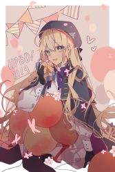 Rule 34 | 1girl, absurdres, artoria caster (fate), artoria caster (second ascension) (fate), artoria pendragon (fate), balloon, black gloves, blonde hair, bow, bowtie, capelet, coat, fate/grand order, fate (series), floating hair, gift, gloves, green eyes, highres, long hair, long sleeves, looking at viewer, open mouth, purple bow, purple bowtie, purple capelet, simple background, solo, staff, very long hair, white coat, yuan haruka
