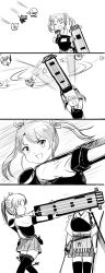 Rule 34 | 10s, 2girls, 4koma, abyssal ship, arrow (projectile), bow (weapon), comic, enemy aircraft (kancolle), closed eyes, flight deck, greyscale, hair ribbon, highres, hitting, in the face, kaga (kancolle), kantai collection, long hair, monochrome, multiple girls, muneate, open mouth, ribbon, side ponytail, silent comic, skirt, smile, sneer, thighhighs, troll face, twintails, weapon, y.ssanoha, zuikaku (kancolle)