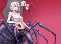 Rule 34 | 10s, 1girl, arachne, arthropod girl, bare shoulders, breasts, carapace, claws, crop top, detached sleeves, extra eyes, eyes visible through hair, hand on own stomach, insect girl, large breasts, light purple hair, midriff, miniskirt, monster girl, monster musume no iru nichijou, multiple legs, pd (seripanda), rachnera arachnera, red eyes, silk, skirt, smile, solo, spider girl, spider web, taur, white hair