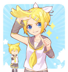 Rule 34 | 1boy, 1girl, absurdres, banana, bare shoulders, black collar, black shorts, black sleeves, blank stare, blonde hair, blue background, blue eyes, bow, brother and sister, chibi, chibi inset, collar, collarbone, commentary, crop top, detached sleeves, doyagao, emphasis lines, food, fruit, hair bow, hair ornament, hairclip, hand up, harusamesyota, highres, holding, holding food, holding fruit, kagamine len, kagamine rin, leg warmers, looking at another, looking at viewer, neckerchief, necktie, parted lips, pointing, pointing at self, sailor collar, school uniform, shirt, short hair, short ponytail, short sleeves, shorts, siblings, smile, smug, sparkle, spiked hair, star (symbol), star in eye, swept bangs, symbol in eye, thumbs up, treble clef, twins, upper body, v-shaped eyebrows, vocaloid, white bow, white shirt, yellow neckerchief