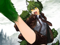 Rule 34 | 1girl, animal ears, animal feet, animal hands, brown jacket, brown necktie, crossdressing, day, green hair, grey sky, jacket, kicking, komota (kanyou shoujo), leg up, necktie, open clothes, open jacket, open mouth, original, outdoors, short hair, sky, solo, tail, wolf ears, wolf tail, yellow eyes