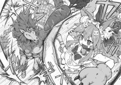 Rule 34 | 1boy, 1girl, animal ear fluff, animal ears, animal feet, animal hands, apron, bell, bow, breasts, carrot, cat hair ornament, cat paws, centaur, claws, cleavage, collar, commentary request, fangs, fate/grand order, fate (series), fighting, fox ears, fox girl, fox tail, frills, from above, greyscale, hair between eyes, hair bow, hair ornament, highres, horse legs, jingle bell, jumping, kusama takato, large breasts, light blush, long hair, looking at object, looking up, maid headdress, monochrome, naked apron, neck bell, open mouth, paw print, ponytail, red hare (fate), sidelocks, sleeveless, tail, tamamo (fate), tamamo cat (fate), tamamo cat (third ascension) (fate), taur, tongue
