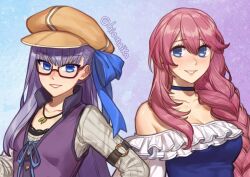 Rule 34 | 2girls, bare shoulders, blue bow, blue choker, blue eyes, blue one-piece swimsuit, bow, braid, breasts, brown hat, character request, choker, cleavage, commentary, eiyuu densetsu, emma millstein, glasses, grey shirt, grin, hair bow, hat, hiomaika, long hair, looking at viewer, multiple girls, off-shoulder one-piece swimsuit, off shoulder, one-piece swimsuit, pink hair, purple hair, purple vest, sen no kiseki, sen no kiseki iii, shirt, smile, swimsuit, upper body, very long hair, vest
