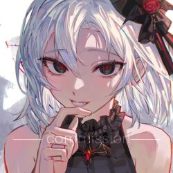 Rule 34 | 1girl, bare shoulders, black dress, cigma, commission, dress, english text, fang, gem, green eyes, hair between eyes, hair ornament, hand on own chin, highres, looking at viewer, medium hair, original, red gemstone, red pupils, smile, solo, symbol-shaped pupils, teeth, white hair