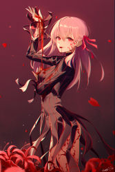 Rule 34 | 1girl, absurdres, arched back, arm up, blood, blood from mouth, blood on clothes, blood on hands, breasts, commentary request, dark persona, dark sakura, dress, fate/stay night, fate (series), floating hair, flower, from side, hair ribbon, heaven&#039;s feel, highres, huge filesize, ildanbaggobwa, long hair, long sleeves, looking at viewer, matou sakura, open mouth, petals, red eyes, red flower, red ribbon, ribbon, smile, solo, spider lily, standing