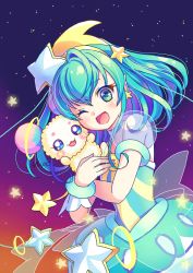 Rule 34 | 1girl, ;d, back bow, blue dress, blue eyes, blue hair, bow, creature, cure milky, dress, earrings, fuwa (precure), hagoromo lala, hair ornament, highres, hug, jewelry, looking at viewer, one eye closed, open mouth, precure, puffy sleeves, purple background, see-through, short hair, signature, sky, smile, star (sky), star (symbol), star earrings, star hair ornament, star in eye, star twinkle precure, starry sky, symbol in eye, wrist cuffs, yupo (yupo4069)