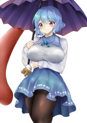 1girl absurdres blue_eyes blue_hair blush breasts brown_pantyhose casual closed_mouth heterochromia highres holding holding_umbrella karakasa_obake long_sleeves pantyhose purple_skirt red_eyes reo_adriano shirt short_hair simple_background skirt smile solo tatara_kogasa touhou umbrella white_background white_shirt