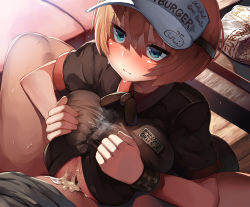 Rule 34 | 1girl, bad id, bad pixiv id, belko, black shirt, blonde hair, blue eyes, blush, bob cut, breasts, breasts squeezed together, closed mouth, commentary request, cum, cum on body, cum on breasts, cum on upper body, employee uniform, highres, large breasts, looking at another, male pubic hair, name tag, original, paizuri, paizuri under clothes, perpendicular paizuri, pubic hair, revision, shinjin-chan (belko), shirt, short hair, short sleeves, solo focus, spread legs, sweat, uniform, visor cap, wristband