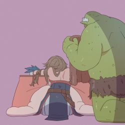 Rule 34 | 1boy, 1girl, backless outfit, bare shoulders, blanket, brown hair, colored skin, commentary request, facing away, furen e lustario, green skin, highres, holding, kneeling, kotatsu, long hair, nijisanji, orc, pleated skirt, pointy ears, purple background, simple background, sirataki umauma, sitting, skirt, sleeveless, table, virtual youtuber, white skirt