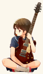 Rule 34 | 1girl, 2015, brown eyes, brown hair, dated, full body, guitar, indian style, instrument, looking to the side, mouth hold, nagian, plectrum, school uniform, serafuku, shoes, simple background, sitting, socks, solo, uwabaki, white socks