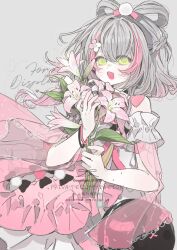 Rule 34 | 1girl, bag, bare shoulders, bity3155660241, black bag, black bow, black bracelet, bouquet, bow, bow-shaped hair, braid, commentary, commission, cowboy shot, detached sleeves, dress, flower, frilled dress, frilled sleeves, frills, green eyes, grey background, grey hair, hair between eyes, hair flower, hair ornament, hair ribbon, hair rings, highres, holding, holding bouquet, layered dress, lily (flower), long dress, looking at viewer, medium hair, multicolored hair, open mouth, original, pink bracelet, pink dress, pink flower, pink hair, pink ribbon, pom pom (clothes), pom pom hair ornament, ribbon, sample watermark, shoulder bag, side braid, simple background, sleeveless, sleeveless dress, smile, solo, streaked hair, symbol-only commentary, teeth, two-tone flower, upper teeth only, watermark, white dress, white flower, white sleeves