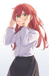 Rule 34 | 1girl, adjusting eyewear, black skirt, bocchi the rock!, commentary request, cowboy shot, glasses, green eyes, hair between eyes, hands up, highres, kita ikuyo, long hair, long sleeves, looking at viewer, looking down, open mouth, red hair, shirt, shirt tucked in, simple background, skirt, solo, spell phd, white background, white shirt