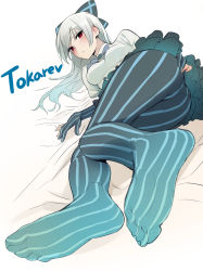 Rule 34 | 1girl, blush, bow, breasts, character name, dress, feet, foreshortening, girls&#039; frontline, gloves, hair bow, highres, hyury, long hair, looking at viewer, lying, no shoes, pantyhose, parted lips, partially fingerless gloves, red eyes, silver hair, simple background, solo, striped clothes, striped gloves, striped pantyhose, tokarev (girls&#039; frontline), white background, white dress