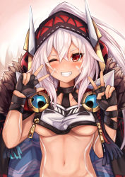 Rule 34 | 1girl, ;d, azur lane, black gloves, blush, breasts, collarbone, commentary request, double v, facial mark, fur collar, gloves, grin, hair between eyes, hands up, highres, long hair, looking at viewer, medium breasts, minneapolis (azur lane), native american, navel, one eye closed, open mouth, ponytail, red eyes, revealing clothes, ryara, smile, solo, stomach, tattoo, underboob, upper body, v, white hair