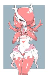 Rule 34 | 1girl, :&gt;, absurdres, bob cut, border, bright pupils, closed mouth, colored skin, corsola, creatures (company), ddingyong, female focus, flat chest, fusion, game freak, gardevoir, gen 2 pokemon, gen 3 pokemon, grey background, hair over one eye, half-closed eyes, hands on own chest, hands up, happy, heart, heart tattoo, highres, looking at viewer, multicolored skin, navel, nintendo, one eye covered, outside border, pink eyes, pokemon, pokemon (creature), red hair, red skin, see-through, shiny skin, short hair, simple background, smile, solo, standing, stomach, stomach tattoo, sweat, tattoo, thighs, tongue, tongue out, two-tone skin, white border, white pupils, white skin, wide hips
