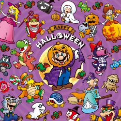 Rule 34 | 4girls, 6+boys, bandages, birdo, blonde hair, blooper (mario), blue eyes, blue overalls, boots, bow, bowser, bowser jr., broom, broom riding, brown footwear, brown hair, bullet bill, buzzy beetle, candy, cape, cheep cheep, crown, dress, dry bones, earrings, elbow gloves, english text, facial hair, flower earrings, food, ghost costume, glasses, gloves, goomba, green footwear, green shirt, hair over one eye, halloween costume, hammer brothers, hat, highres, holding, holding candy, holding food, holding lollipop, holding pitchfork, holding wand, jack-o&#039;-lantern, jewelry, kamek, light blue dress, lollipop, long hair, luigi, mario, mario (halloween), mario (series), multiple boys, multiple girls, mustache, nakaue shigehisa (style), nintendo, official alternate costume, official art, open mouth, orange cape, orange dress, overalls, pink bow, pink dress, pitchfork, princess daisy, princess peach, princess peach (halloween), puffy short sleeves, puffy sleeves, purple background, purple cape, purple headwear, rosalina, round eyewear, shirt, short sleeves, sphere earrings, swirl lollipop, swoop (mario), teeth, toad (mario), top hat, wand, white gloves, witch hat, wolf hood, wolf paws, yoshi