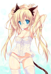 Rule 34 | 1girl, animal ears, armpits, arms up, bad id, bad pixiv id, blonde hair, blue eyes, bow, bow panties, breasts, cameltoe, camisole, cat ears, cat tail, cleavage, collarbone, emily (pure dream), extra ears, glasses, long hair, lowleg, lowleg panties, open mouth, original, panties, see-through, small breasts, solo, tail, thighhighs, twintails, underwear, white panties, white thighhighs