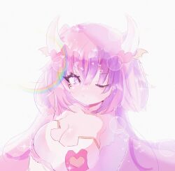 Rule 34 | 1girl, absurdres, breasts, candeytwix, cleavage, demon girl, demon horns, demon wings, hair ornament, head wings, heart, heart hair ornament, highres, horns, ironmouse, ironmouse (race queen), jacket, large breasts, leotard, looking at viewer, multicolored hair, one eye closed, pink eyes, pink hair, pink jacket, purple hair, race queen, rainbow, smile, solo, sparkle, streaked hair, virtual youtuber, vshojo, white background, white leotard, wings