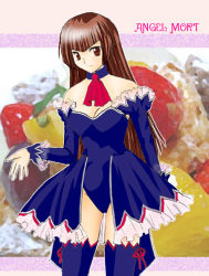 Rule 34 | 00s, 1girl, bare shoulders, breasts, brown eyes, brown hair, busou renkin, cherry, cowboy shot, dress, facing viewer, food, fruit, hayasaka ouka, long hair, looking at viewer, medium breasts, no bra, outline, photo background, red neckwear, solo, standing, strapless, strapless dress, tagme, white outline