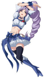 Rule 34 | 00s, 1girl, aono miki, arms up, blue footwear, blue skirt, boots, choker, cure berry, fresh precure!, full body, knee boots, midriff, minarai zouhyou, ponytail, precure, purple eyes, purple hair, simple background, skirt, solo, thighhighs, white background, zettai ryouiki