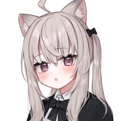 Rule 34 | 1girl, ahoge, animal ear fluff, animal ears, black bow, black jacket, blush, bow, brown hair, collared shirt, commentary, commission, copyright request, english commentary, hair between eyes, hair bow, highres, jacket, long hair, open clothes, open jacket, parted lips, pocari (sq551), purple eyes, shirt, sidelocks, simple background, solo, twintails, upper body, white background, white shirt