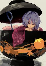 Rule 34 | 1girl, absurdres, bowl, commentary request, grey background, hair between eyes, hand on own head, highres, in bowl, in container, long sleeves, looking at viewer, mini person, minigirl, no headwear, open mouth, purple eyes, purple hair, solo, sukuna shinmyoumaru, totopepe888, touhou, wide sleeves