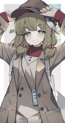 Rule 34 | 1girl, animal ears, backpack, bag, blue archive, blush, brown coat, brown hat, coat, green eyes, green hair, hair bobbles, hair ornament, halo, hands on headwear, hat, highres, izuoku, jacket, long sleeves, looking at viewer, open clothes, open coat, open mouth, simple background, sleeves past wrists, solo, tail, yakumo (blue archive)