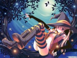 Rule 34 | blonde hair, boots, bow, breasts, brown eyes, cleavage, elbow gloves, gloves, halloween, hat, sitting, striped legwear, thighhighs, tree, witch, witch hat