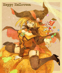 Rule 34 | 1girl, alternate color, bad id, bad pixiv id, blonde hair, blue eyes, breasts, candy, candy cane, cape, chocolate, cleavage, dark magician girl, duel monster, food, halloween, happy halloween, hat, high heels, one eye closed, pumpkin, shoes, sitting, solo, thighhighs, thighs, wariza, wink, witch hat, yu-gi-oh!, yuu-gi-ou, yu-gi-oh! duel monsters, yuza