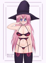 Rule 34 | 1girl, breasts, glasses, hand on own face, hat, highres, large breasts, lingerie, lips, long hair, lucky star, pink hair, purple eyes, self-upload, simple background, standing, takara miyuki, thighhighs, underwear, witch hat