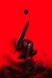 Rule 34 | 1boy, alex chow, armor, armored boots, berserk, berserker armor, black armor, black cape, black moon, boots, breastplate, cape, commentary, dragonslayer (sword), drawing, eclipse, english commentary, faulds, full armor, gauntlets, glowing, glowing eye, greatsword, greaves, guts (berserk), helmet, highres, holding, holding sword, holding weapon, huge weapon, moon, one-eyed, over shoulder, pauldrons, portrait, red background, red eyes, shoulder armor, solo, squatting, sword, sword over shoulder, vambraces, weapon, weapon over shoulder