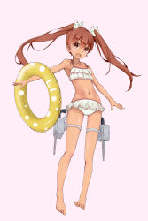 Rule 34 | 1girl, :d, absurdres, armpits, bare shoulders, barefoot, bikini, brown eyes, brown hair, dark-skinned female, dark skin, frilled bikini, frills, full body, hair ribbon, highres, kantai collection, libeccio (kancolle), long hair, looking at viewer, navel, neve (morris-minicooper), open mouth, pink background, ribbon, simple background, smile, solo, swimsuit, twintails