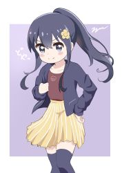 &gt;:), 1girl, aayh, bangs, black hair, black jacket, black legwear, blue eyes, blush stickers, brown flower, brown shirt, brown skirt, closed mouth, commentary request, eyebrows visible through hair, feet out of frame, flower, hair between eyes, hair flower, hair ornament, hand on hip, jacket, long hair, long sleeves, looking at viewer, open clothes, open jacket, ponytail, purple background, shirosaki hana, shirt, sidelocks, skirt, sleeves past wrists, smile, solo, striped, thighhighs, translation request, two-tone background, v-shaped eyebrows, vertical-striped skirt, vertical stripes, very long hair, watashi ni tenshi ga maiorita!, white background