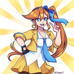 Rule 34 | 1girl, ace attorney, athena cykes, black gloves, blue bow, blue bowtie, blue eyes, blue necktie, bow, bowtie, breasts, commentary, crescent, dot nose, earrings, english commentary, fehden, gloves, highres, jewelry, long hair, medium breasts, necktie, open mouth, orange hair, phoenix wright: ace attorney - dual destinies, smile, solo, teeth, twitter username, v, white background