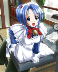 Rule 34 | 1girl, apron, bedroom, bell, blue eyes, blue hair, book, breasts, clock, desk, doraemon, doraemon (character), gender request, genderswap, gloves, highres, lamp, long sleeves, looking at viewer, maid, maid apron, maid headdress, matching hair/eyes, nejinoki, open mouth, paper, pencil, personification, ribbon, sai hate, short hair, smile, solo, sunlight, tatami, window