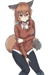 Rule 34 | 1girl, :p, animal ears, blush, breast hold, breasts, brown hair, fox ears, fox tail, hankon, highres, looking at viewer, medium breasts, original, red eyes, shirt, short hair, side ponytail, solo, sweater, tail, tongue, tongue out, untucked shirt