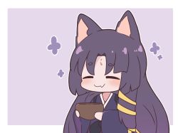 Rule 34 | 1girl, animal ears, arknights, bowl, closed eyes, closed mouth, dog ears, fang, fang out, holding, holding bowl, japanese clothes, kimono, kurotofu, long hair, long sleeves, parted bangs, purple background, purple hair, purple kimono, saga (arknights), short eyebrows, solo, thick eyebrows, two-tone background, upper body, very long hair, white background, wide sleeves