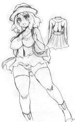 Rule 34 | 1girl, blush, breasts, character sheet, cleavage, creatures (company), dress, female focus, game freak, gradient background, greyscale, hat, highres, koutarosu, large breasts, looking at viewer, monochrome, nintendo, open mouth, panties, pokemon, pokemon (anime), ruler, serena (pokemon), short hair, solo, thighhighs, underwear, white background