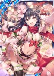 Rule 34 | 1girl, :d, akkijin, arm up, bare shoulders, belt, black hair, black thighhighs, blurry, breasts, cherry blossoms, cleavage, crop top, depth of field, detached sleeves, floating hair, flower, garter straps, glint, gold trim, hair bun, hair flower, hair ornament, long hair, long sleeves, looking at viewer, medium breasts, microphone, midriff, miniskirt, navel, official art, open mouth, petals, pink flower, pink skirt, pleated skirt, revealing clothes, scarf, shinkai no valkyrie, single hair bun, skindentation, skirt, smile, solo, stomach, thighhighs, thighs, v-shaped eyebrows, wide sleeves, yellow eyes