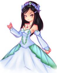 Rule 34 | 1girl, black hair, blush, breasts, brown eyes, collarbone, detached sleeves, drantyno, dress, final fantasy, final fantasy ix, garnet til alexandros xvii, jewelry, long hair, long sleeves, looking at viewer, necklace, parted lips, princess, small breasts, sparkle, square enix, standing, strapless, strapless dress, teeth, tiara, white background, white dress