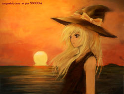 Rule 34 | 1girl, black eyes, black hat, blonde hair, bow, congratulations, eyebrows, female focus, from side, fujikawa daichi, hat, hat bow, hat ribbon, kirisame marisa, lace trim, long hair, looking away, ocean, orange sky, outdoors, ribbon, sky, solo, sun, sunset, text focus, touhou, upper body, water, wind, witch hat