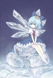 Rule 34 | 1girl, bad id, bad pixiv id, between legs, blue background, blue bow, blue dress, blue eyes, blue hair, bow, cirno, crown, dress, expressionless, hair bow, hand between legs, ice, ice block, ice wings, matching hair/eyes, meta-kusuri, neck ribbon, puffy short sleeves, puffy sleeves, red ribbon, ribbon, short hair, short sleeves, sitting, solo, touhou, wings