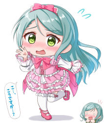 Rule 34 | 2girls, alternate costume, aqua hair, back bow, bang dream!, blush, bow, bowtie, braid, collared dress, commentary request, dress, embarrassed, flying sweatdrops, frilled dress, frilled legwear, frills, full body, green eyes, green jacket, hair between eyes, hairband, hand up, hands up, highres, hikawa hina, hikawa sayo, inset, jacket, lilium443, lolita fashion, long hair, long sleeves, looking at viewer, mary janes, multiple girls, nose blush, o o, open mouth, pink bow, pink dress, pink footwear, pink hairband, pink ribbon, ribbon, shadow, shoes, short hair, siblings, side braids, sidelocks, simple background, sisters, solo focus, speech bubble, standing, standing on one leg, sweet lolita, swept bangs, thighhighs, translated, twins, wavy mouth, white background, white legwear, zettai ryouiki
