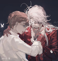 Rule 34 | 2boys, blood, blood on face, brown hair, bug, butterfly, freddy riley, glasses, grey hair, hand grab, highres, identity v, insect, multiple boys, naib subedar, panni xing, red shirt, shirt, short hair, string, white butterfly, white hair, white shirt, yaoi